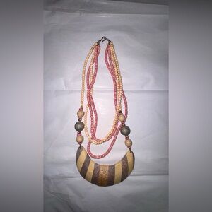 Layered Pink and Cream Beaded Statement Necklace with Striped Pendant